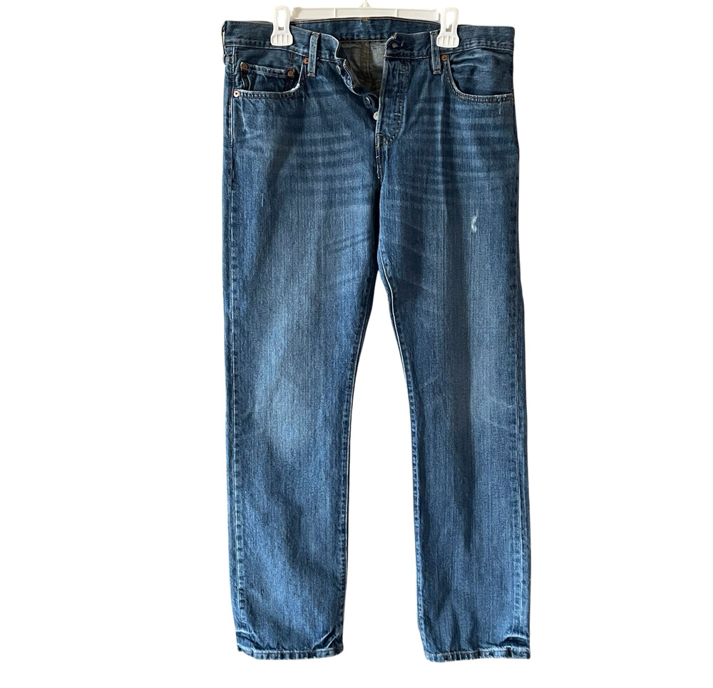 LEVI'S 501 Womens 31x32 Blue Distressed Denim Jeans Button Fly Straight Leg